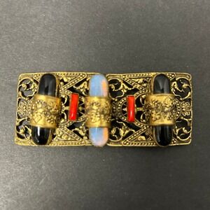 Antique c1930's Czechoslovakia Belt Buckle Women Gold Art Deco Filigree Glass